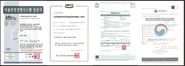 CJGB manufacturing certificates: HACCP, ISSO, GMP, FDA