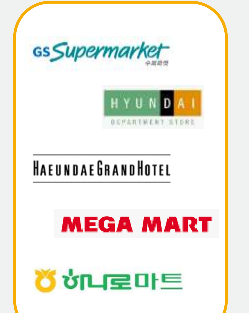 Retail partners: GS Supermarket, Hyundai Department Store, Haeundae Grand Hotel, Mega Mart, Hanaro Mart